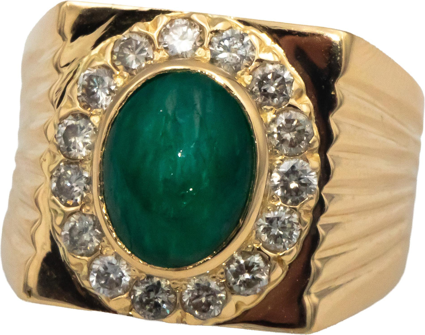 18k Yellow Gold Round Diamond and Cabochon Emerald Men's Ring 3.0CT Size 11