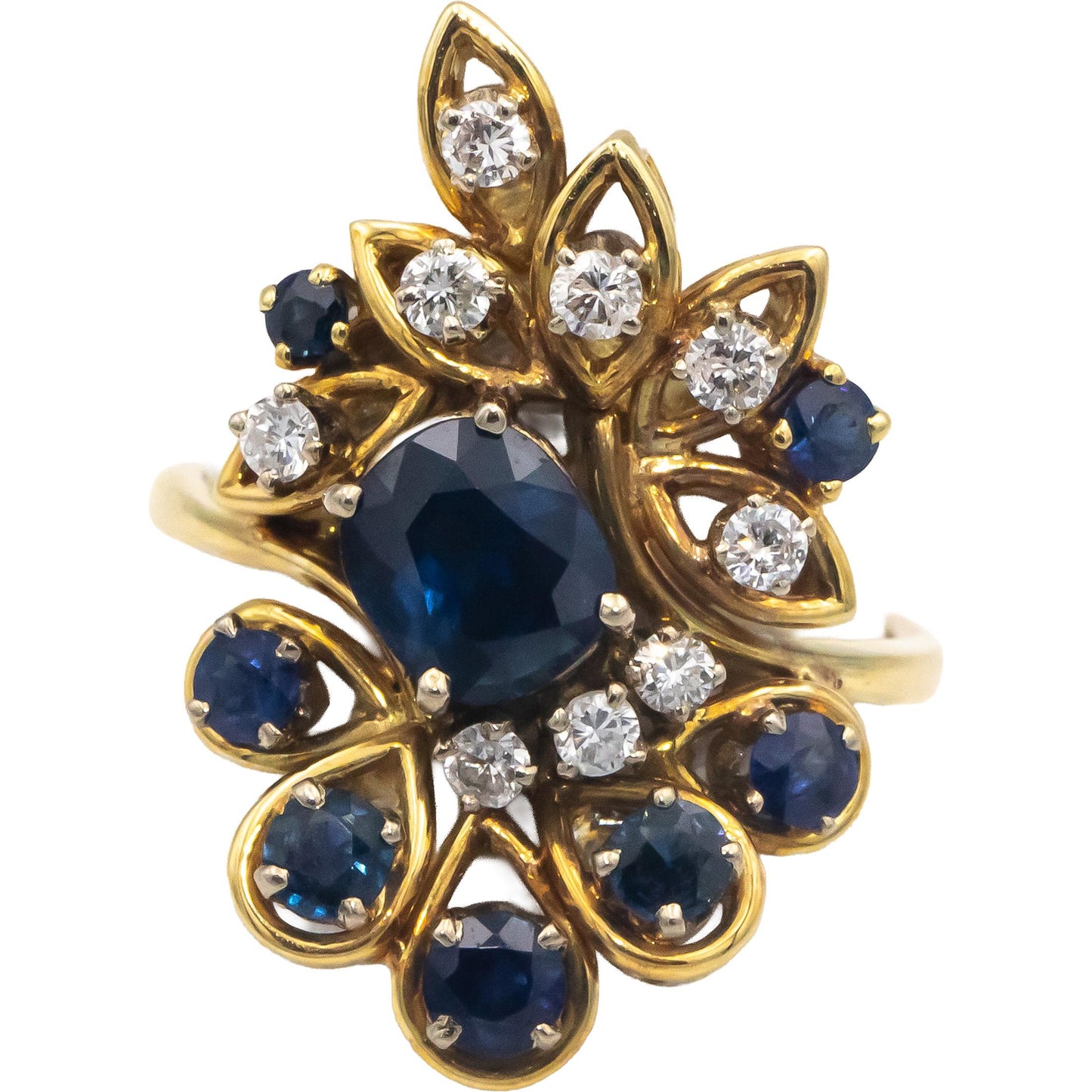 18k Yellow Gold 2.02CT Diamond and Sapphire Cluster Cocktail Ring Size 6.5