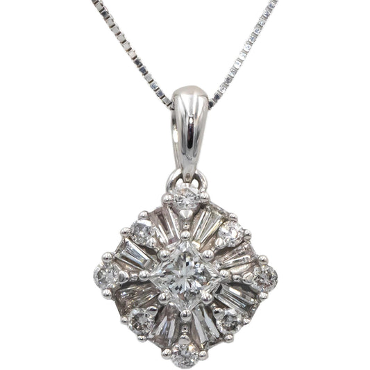10k White Gold Round Baguette Princess Diamond Cluster Pendant Necklace 0.75CT