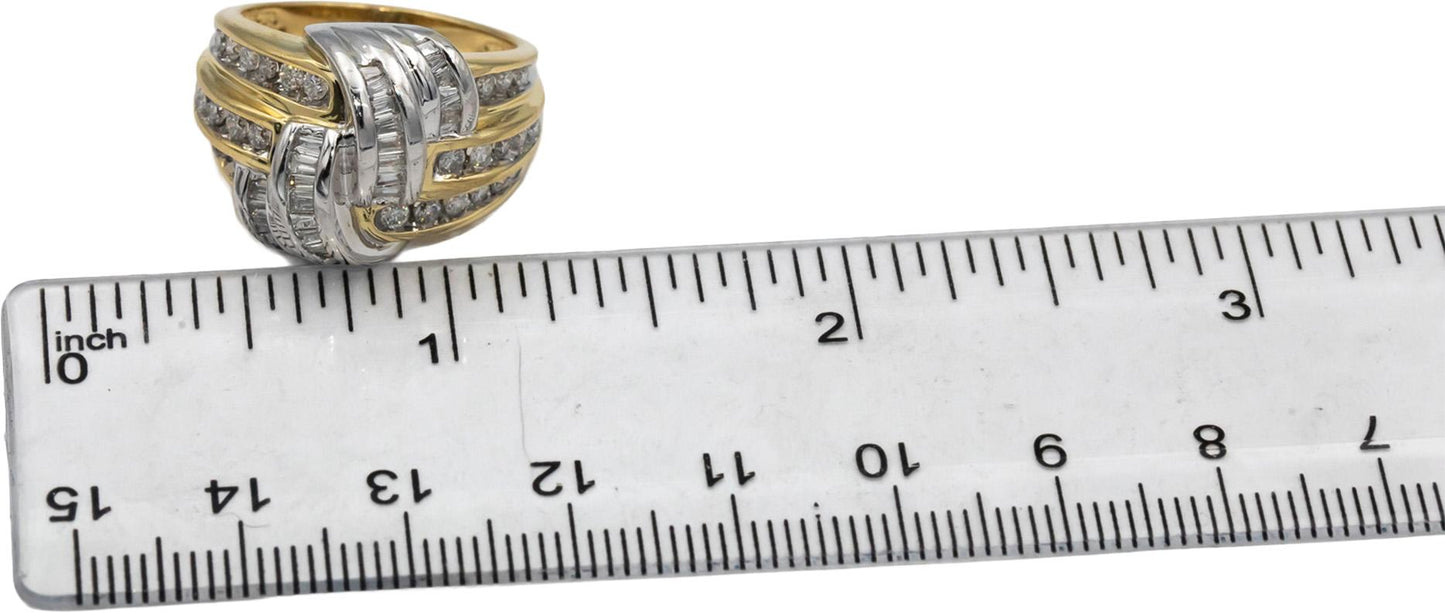 14k Yellow & White Gold Round & Baguette Diamond Cocktail Ring 1.0CT Size 7.5