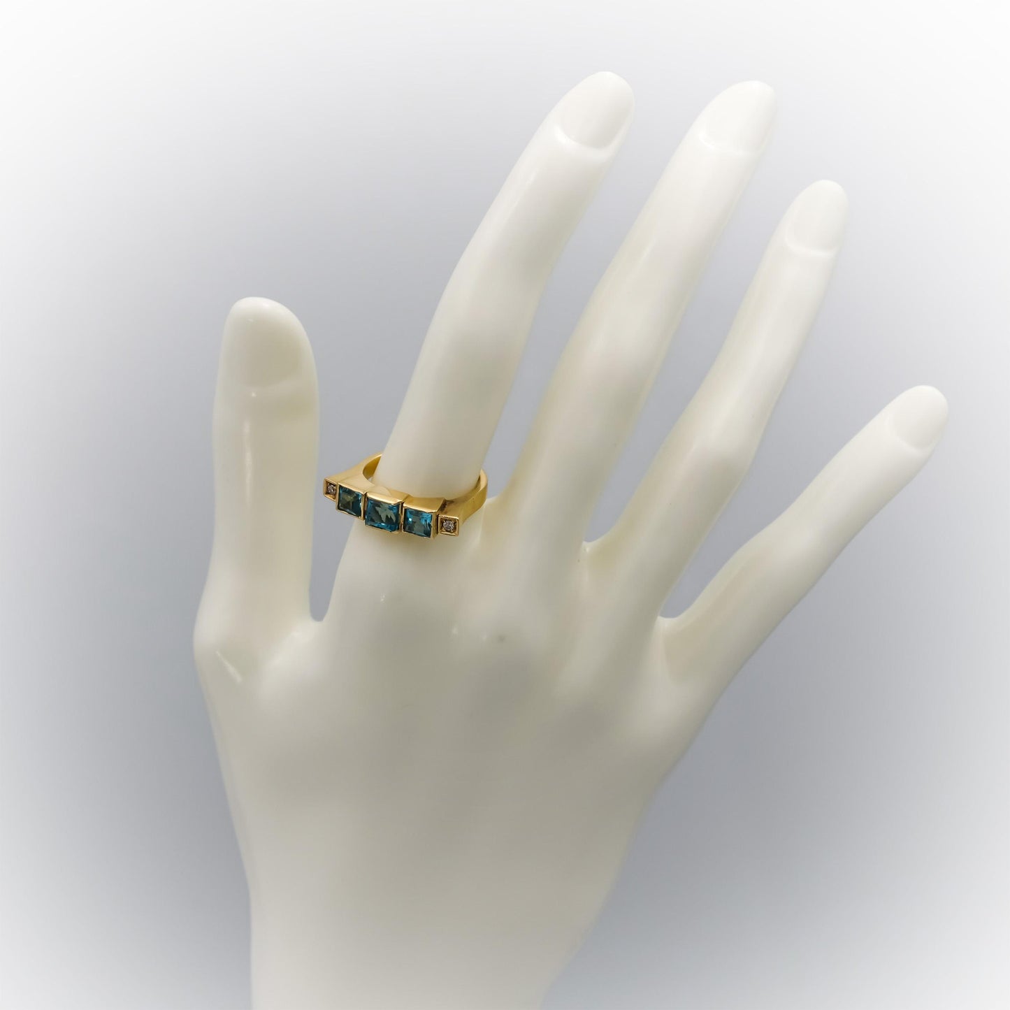 18k Yellow Gold Square Blue Topaz & Round Diamond Band Ring Size 7