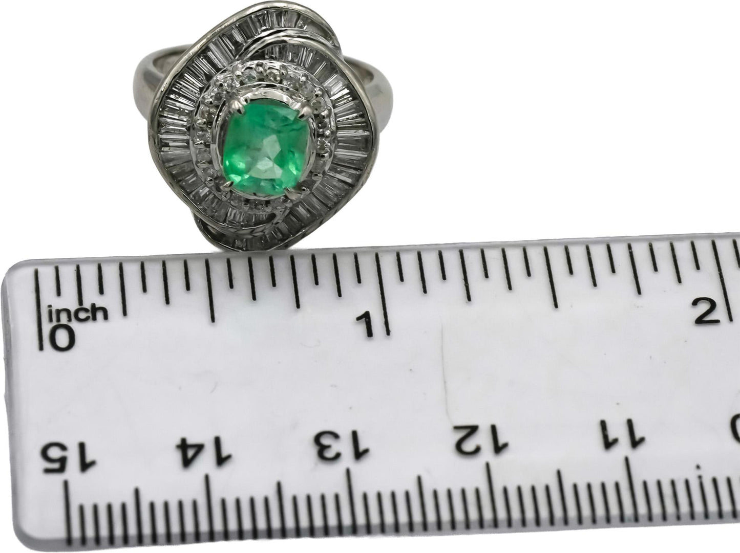 Platinum Round and Baguette Diamond Cushion Emerald Cocktail Ring 2.16CT Sz 6.25