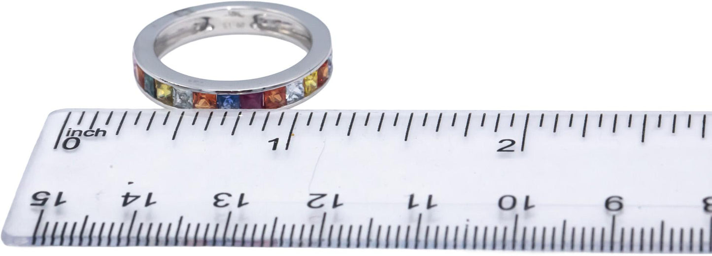 18k White Gold Square Channel Set Rainbow Sapphire Band Ring 1.68CT Size 7.5