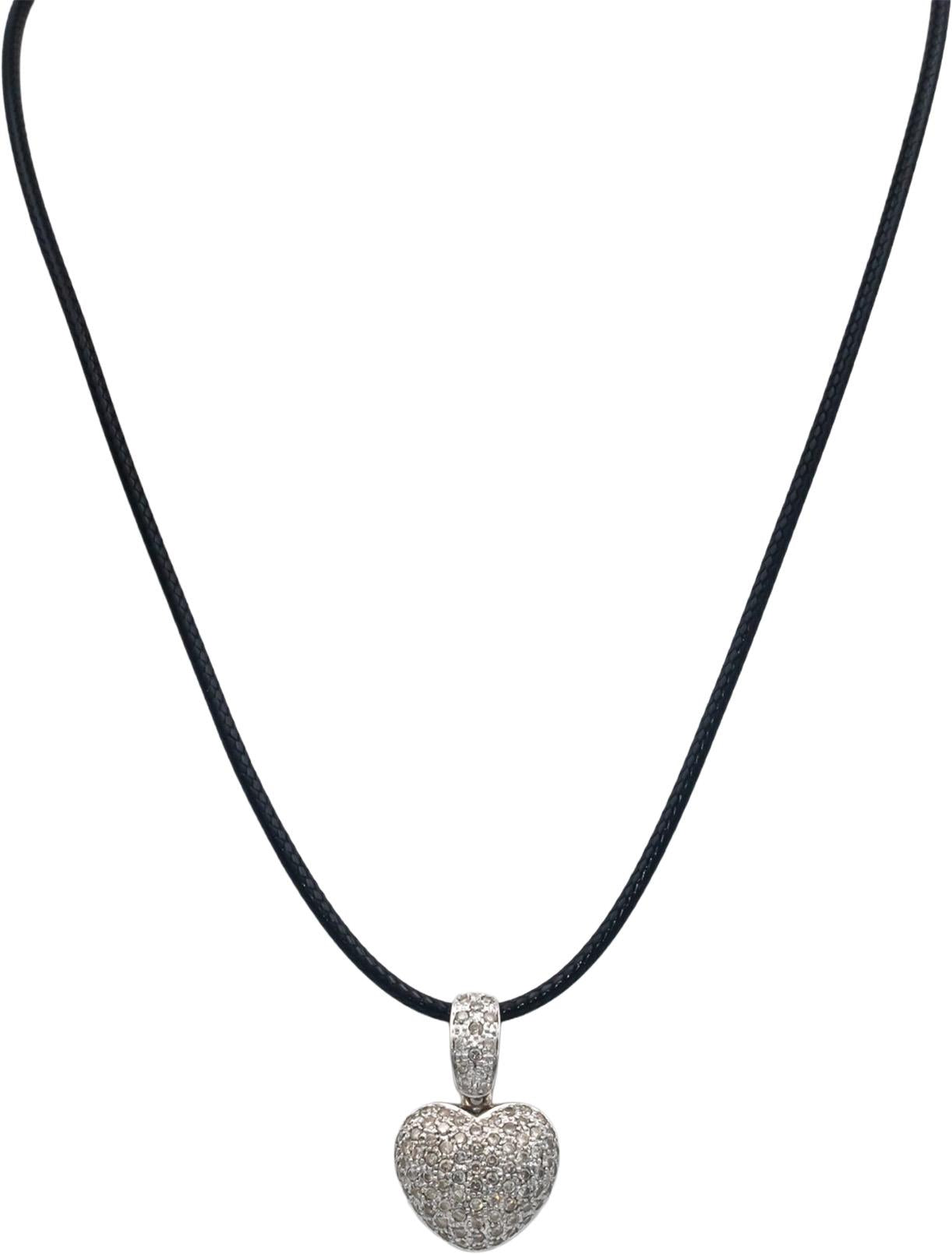 14k White Gold 1.0CT Round Cut Diamond Pave Puffy Heart Pendant Necklace