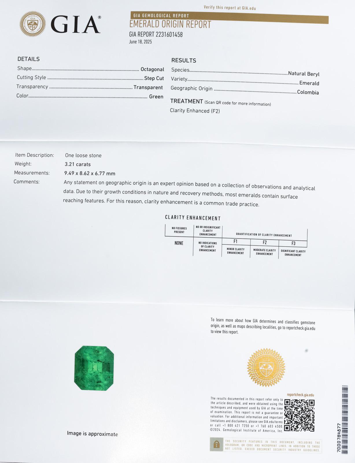 GIA Certified Octagonal Cut Natural Colombian Emerald Loose Gemstone 3.21CT