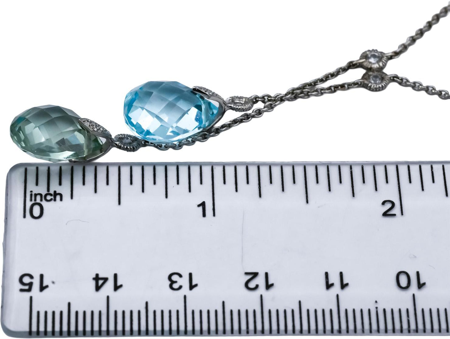 18k White Gold Blue & White Topaz Green Amethyst Tassel Necklace