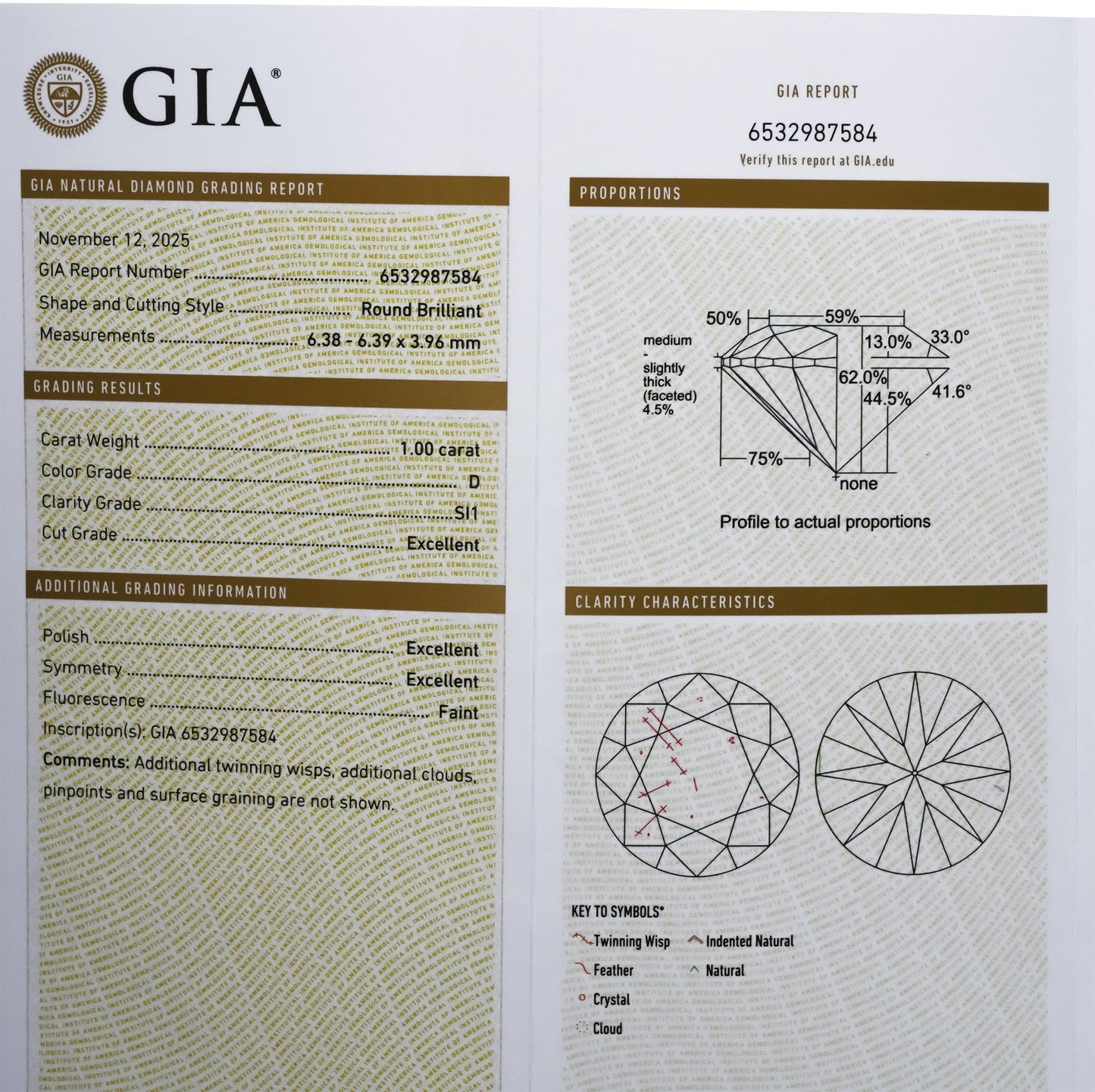 GIA Certified SI1/D Round Cut Natural Diamond Loose Stone 1.00CT