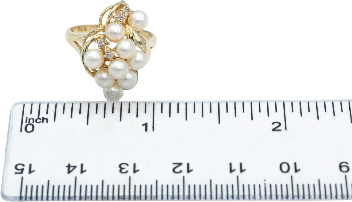 14k Yellow Gold Diamond and 4.5mm Pearl Cluster Cocktail Ring 0.05CT Size 6.5