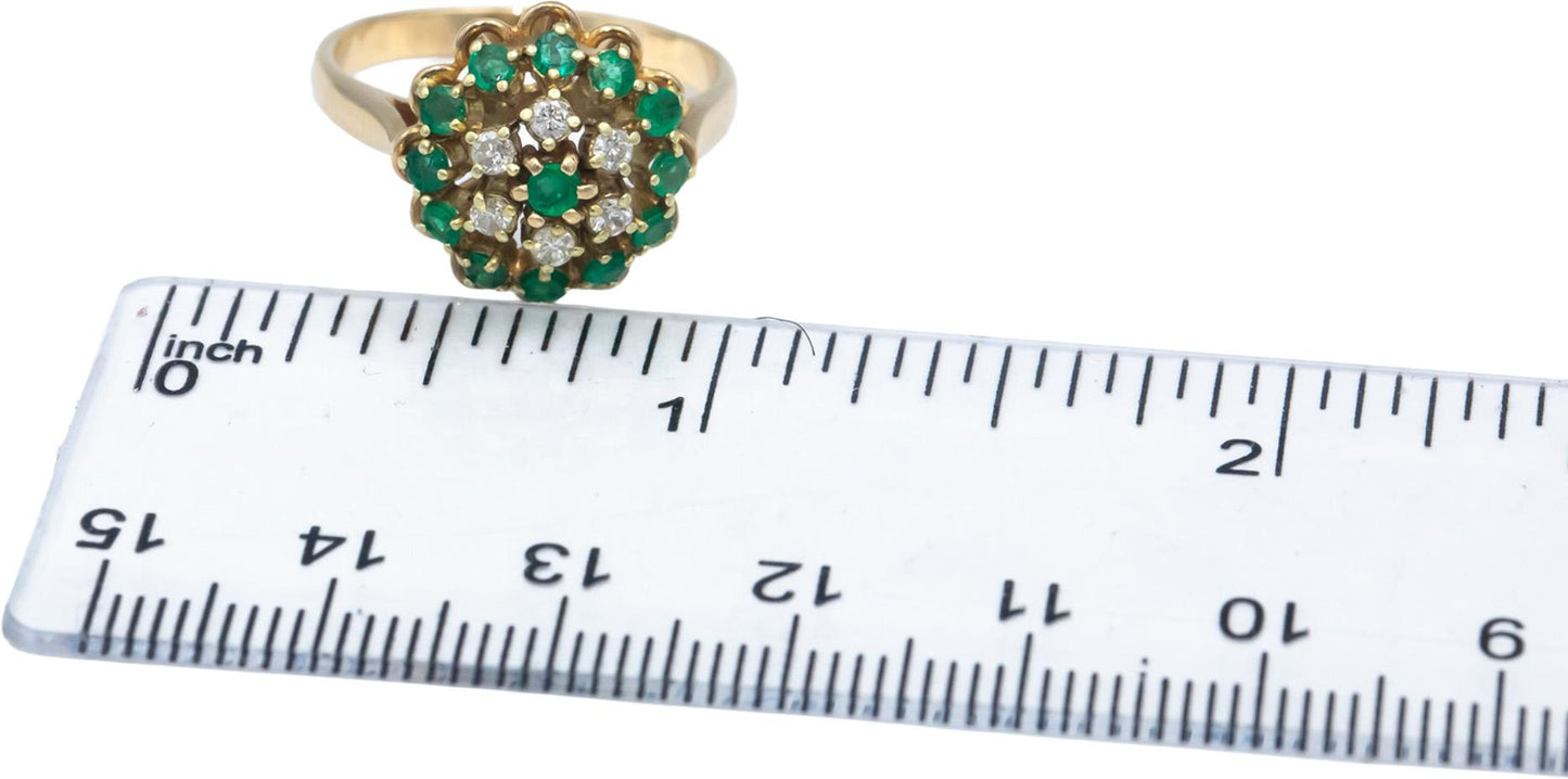 Emerald and VS Diamond 14k Yellow Gold Cluster Cocktail Ring 0.50CT Size 7.75