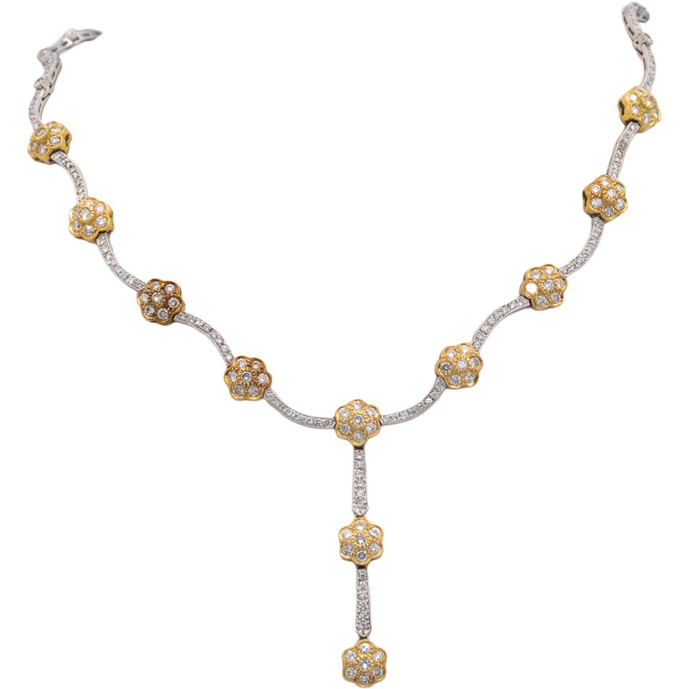 Diamond 18k Yellow & White Gold VS Flower Cluster Lariat Drop Necklace 4.25CT