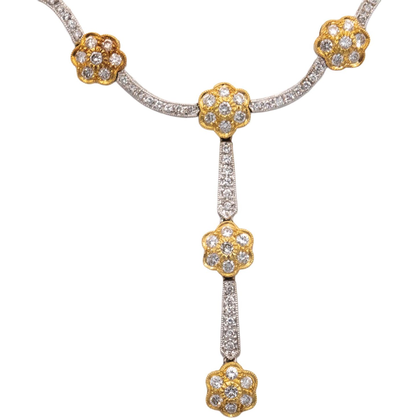 Diamond 18k Yellow & White Gold VS Flower Cluster Lariat Drop Necklace 4.25CT