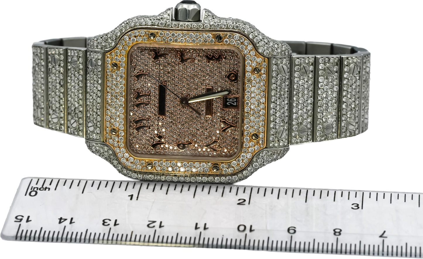 CARTIER Stainless Steel Santos Iced Out Diamond Arabic Dial Watch 15.0CT