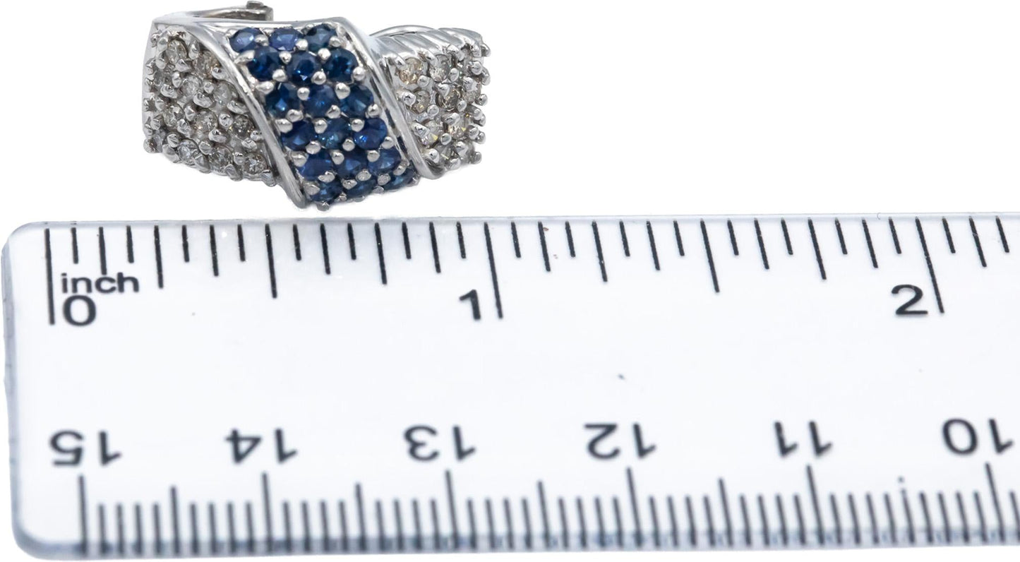 14k White Gold 1.40CT Diamond and Blue Sapphire Cluster Curved Earrings