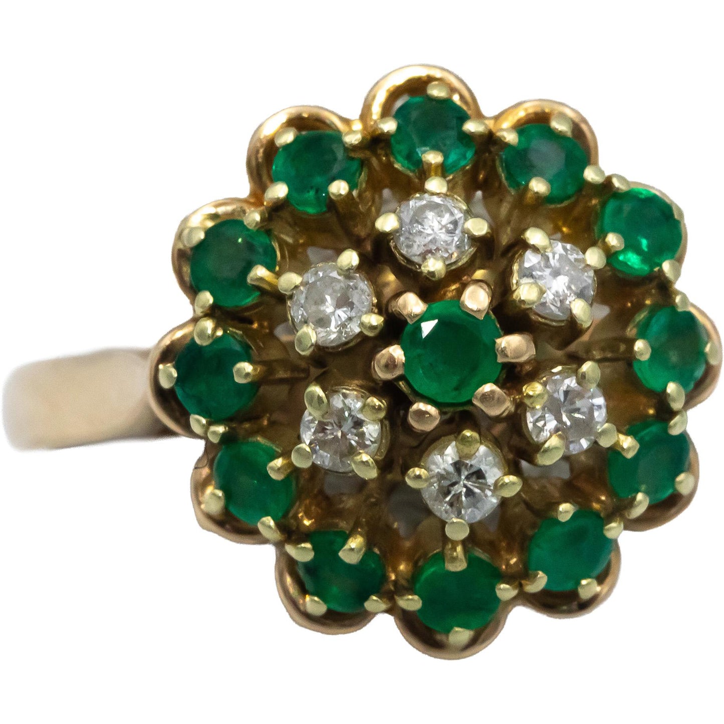 Emerald and VS Diamond 14k Yellow Gold Cluster Cocktail Ring 0.50CT Size 7.75