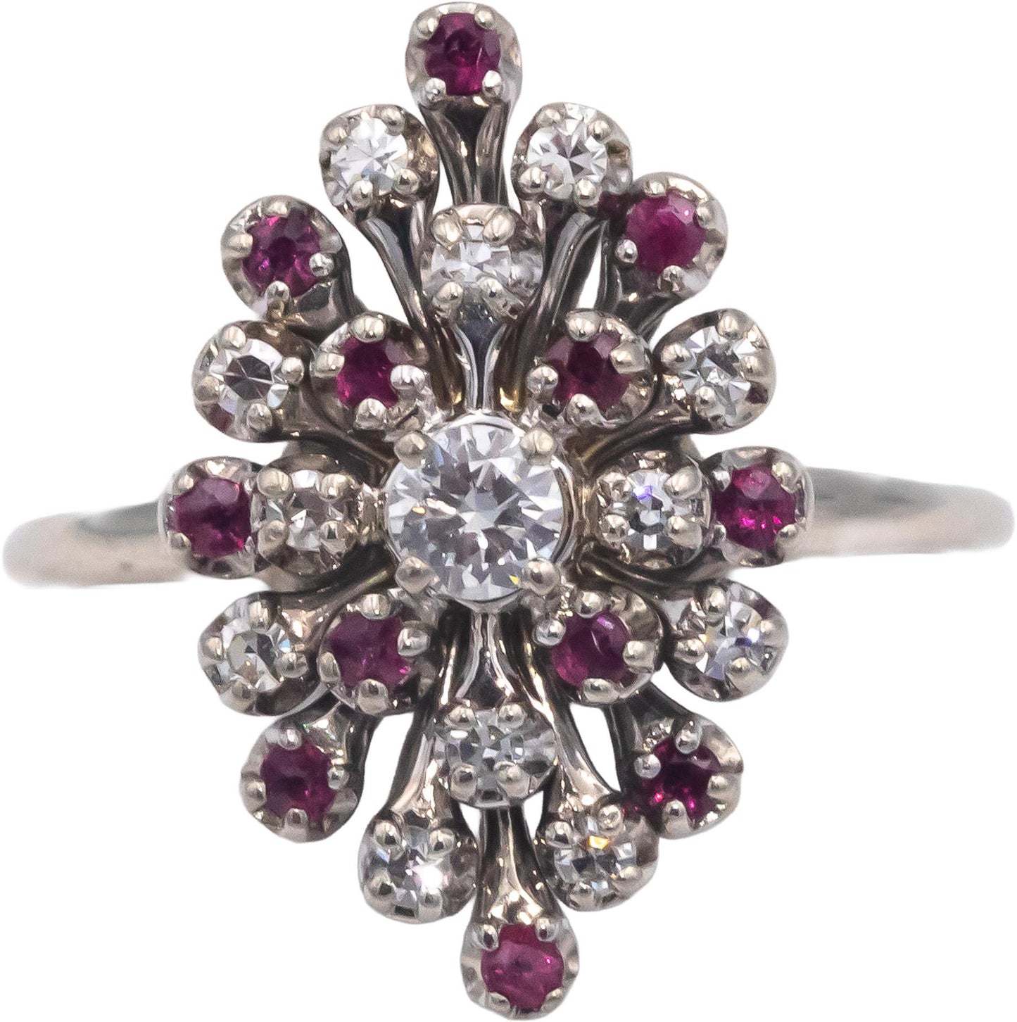 Antique Vintage 14k White Gold 0.55CT Diamond and Ruby Cocktail Ring Size 7