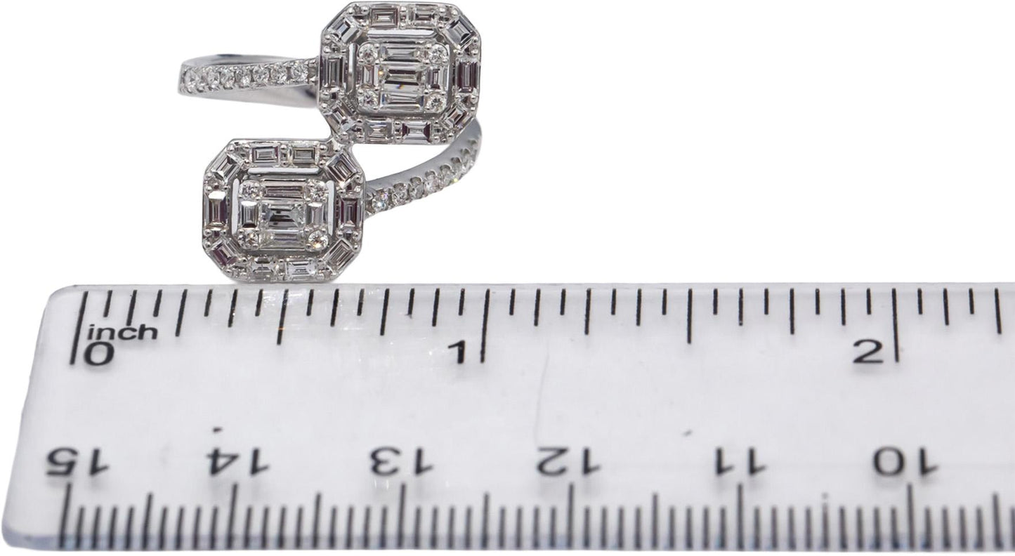 18k White Gold VS Round & Emerald Cut Diamond Bypass Ring 1.25CT Size 6.5