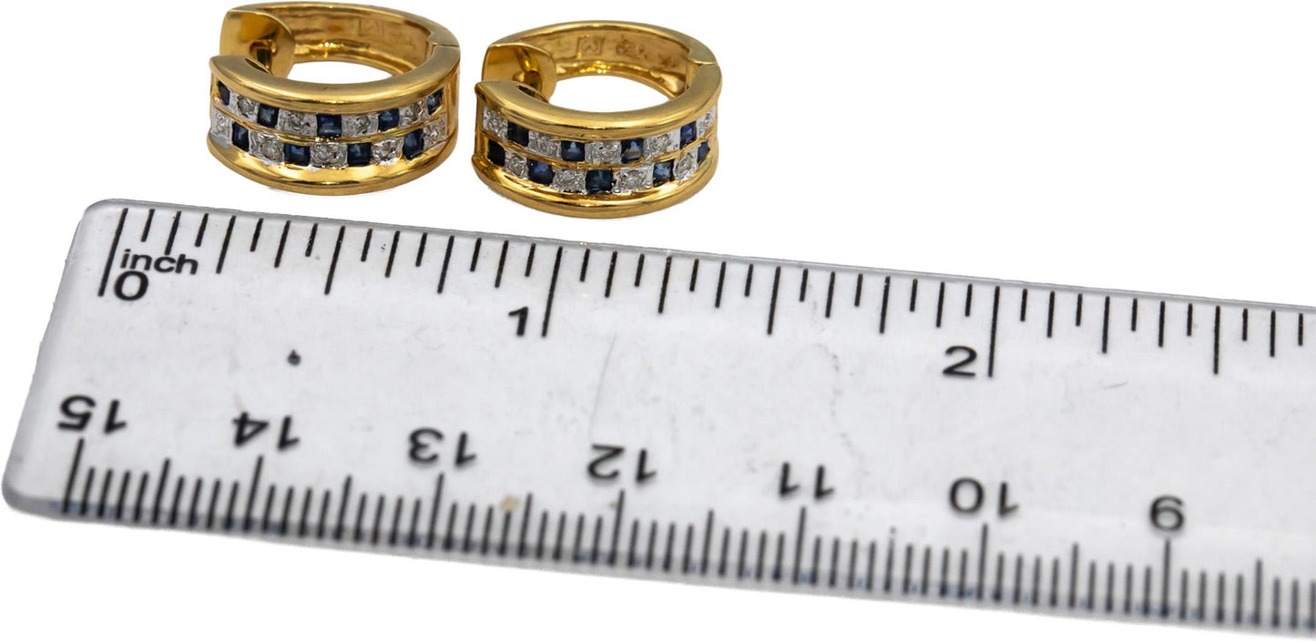 14k Yellow and White Gold Blue Sapphire and Diamond Hoop Huggie Earrings .35CTW
