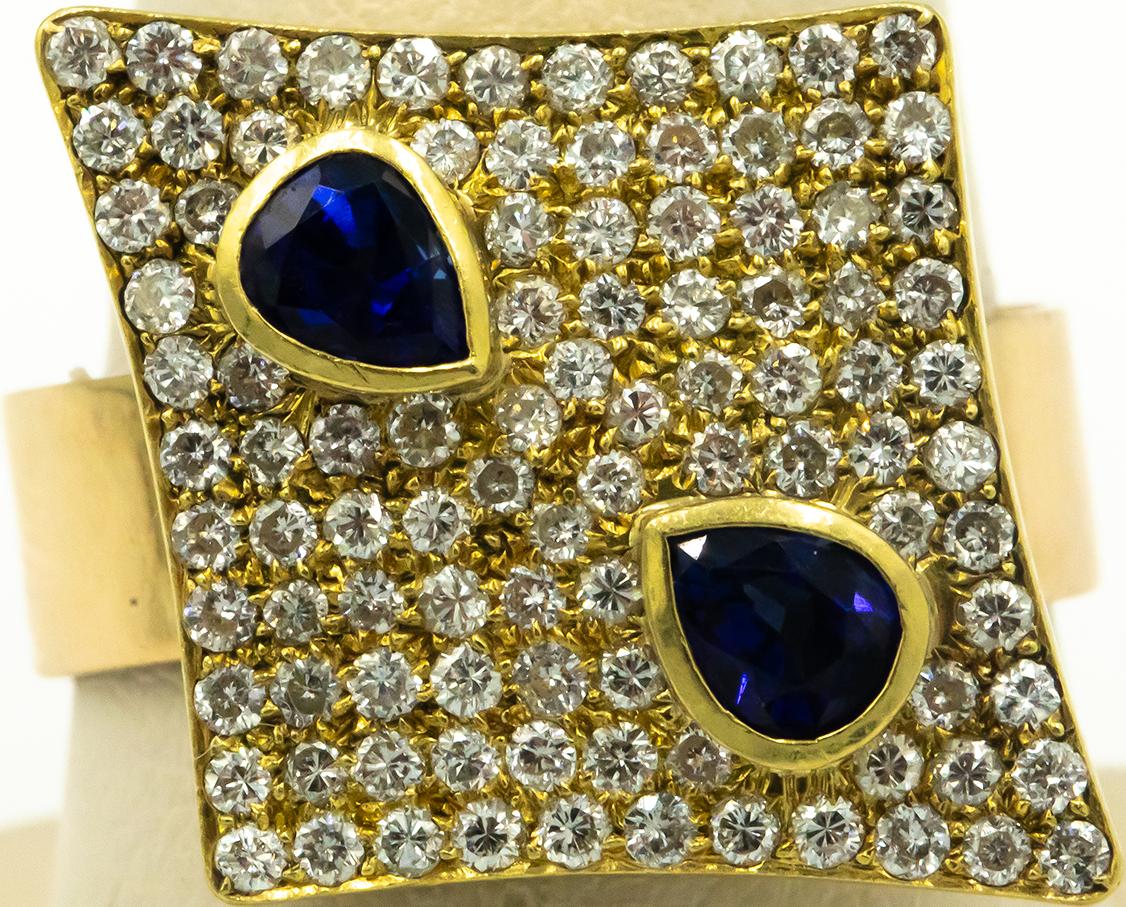 14K Yellow Gold 1.50CT Diamond Shape Pave Diamond & Blue Sapphire Ring Size 8