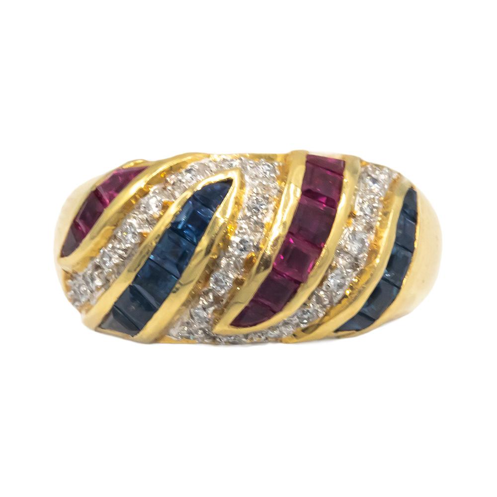 Designer 18k Yellow Gold Diamond Ruby Sapphire Band Ring 1.10CT Size 7