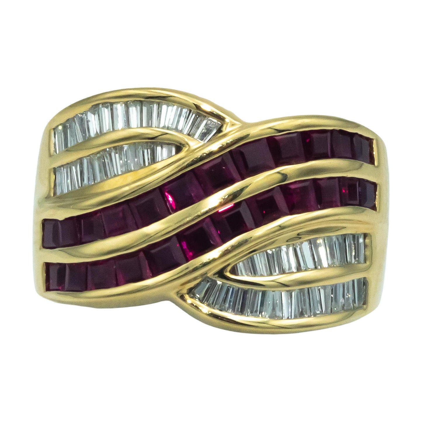 LE VIAN 18k Yellow Gold Diamond and Ruby Crossover Band Ring 2.0CT Size 7