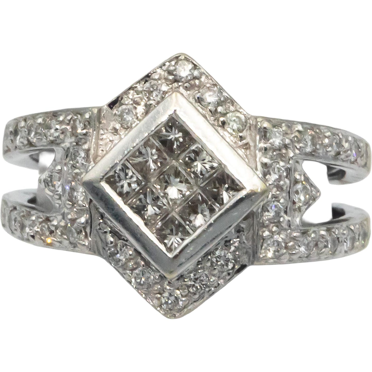 14k White Gold VS Princess and Round Cut Diamond Pave Ring 0.80CT Size 5.25