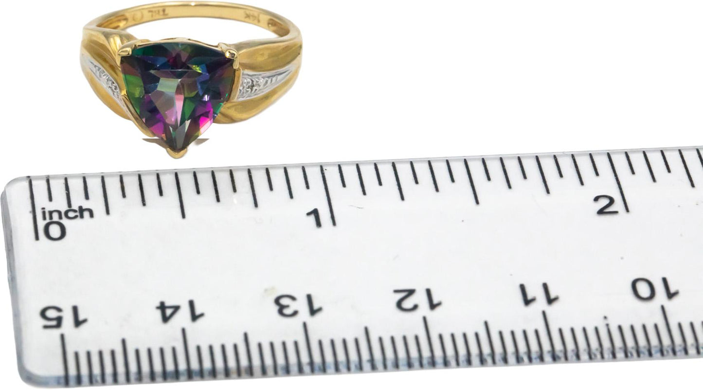 14k Yellow Gold Trillion Cut Mystic Topaz Ring 2.0CT w/ Diamond Accents Size 7