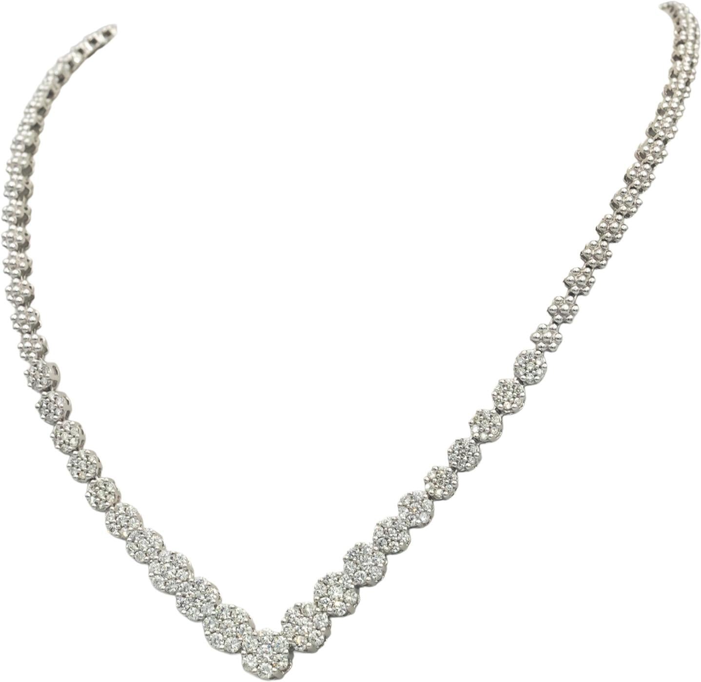 Diamond 14k White Gold Round Cut Cluster V-Shaped Formal Necklace 3.0CT