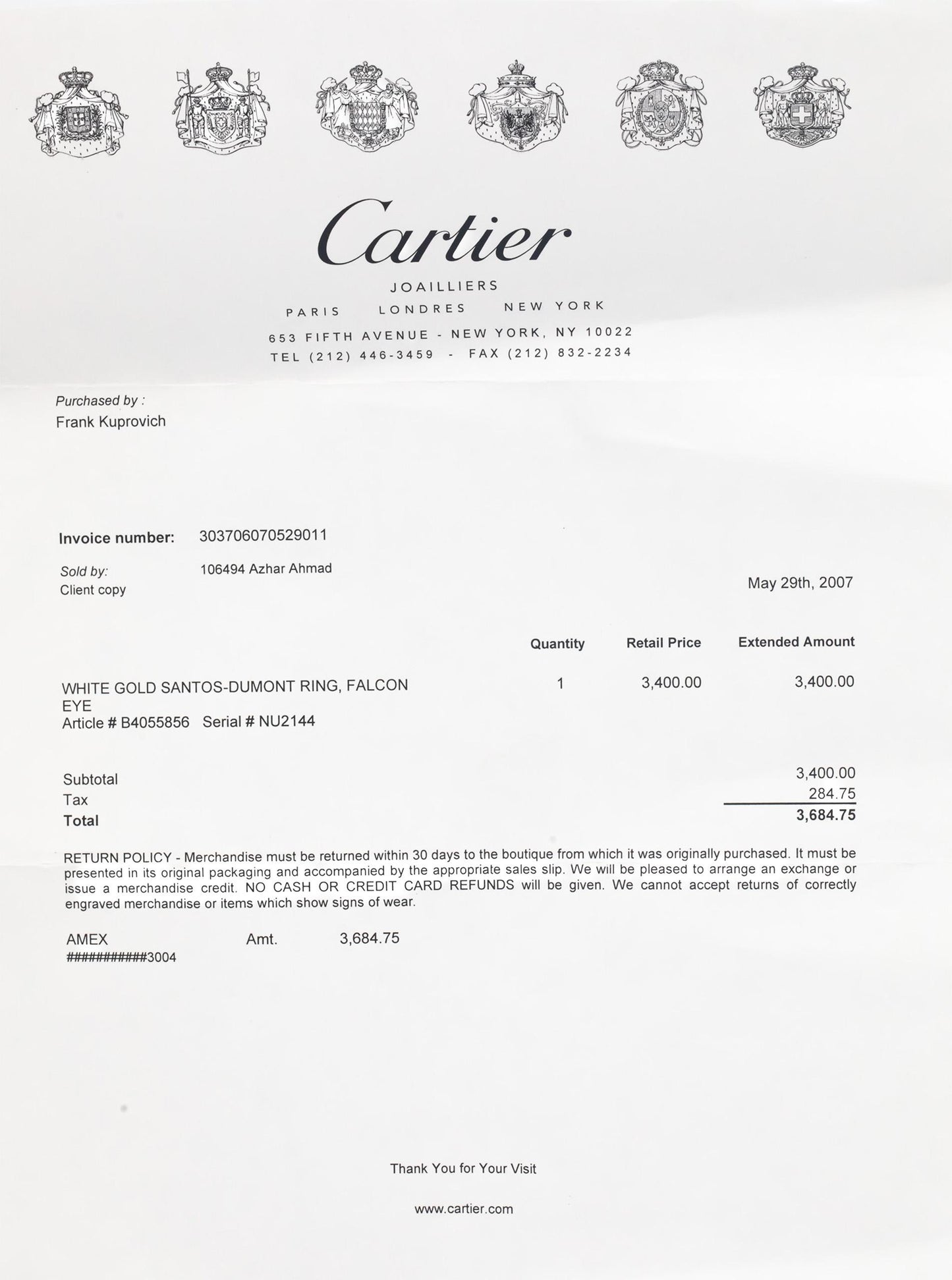 CARTIER 18k White Gold Santos-Dumont Falcon Eye Ring w/ Receipt Size 7.5 Euro 56