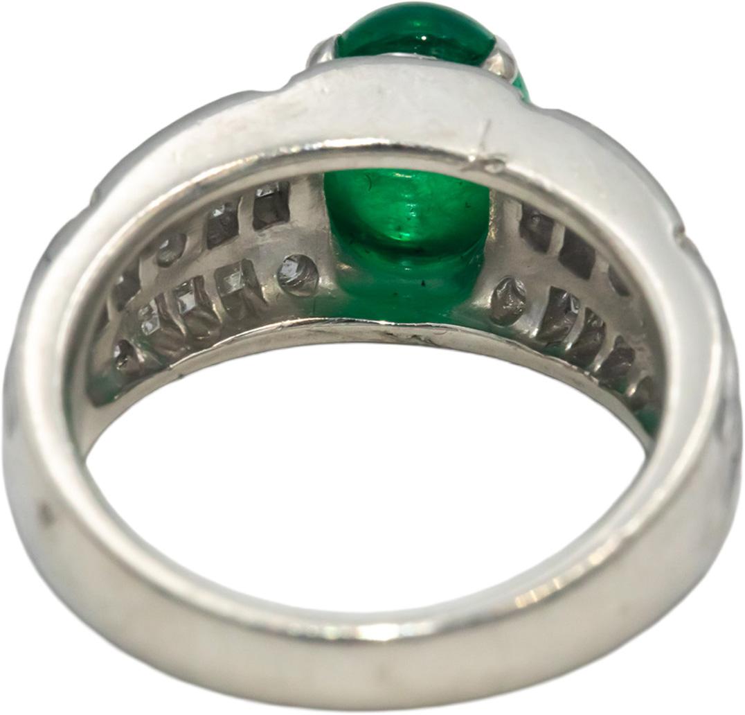 Platinum Cabochon Emerald Round & Carre Cut Diamond Ring 3.32CT Size 6