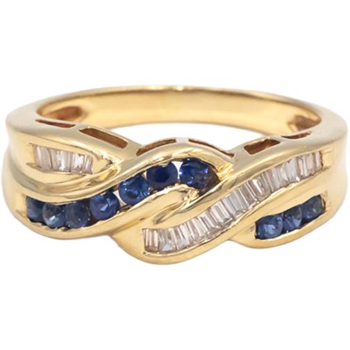 14k Yellow Gold Diamond & Blue Sapphire Crossover Band Ring 0.55CT Size 6