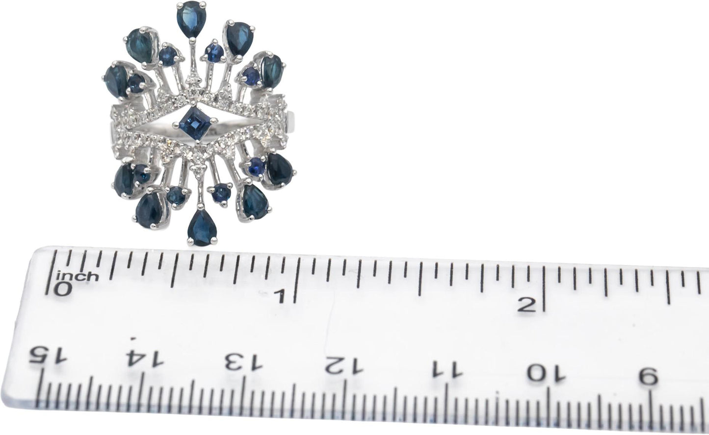 18k White Gold Diamond & Blue Sapphire Cluster Cocktail Ring 2.25CTW Size 7.25