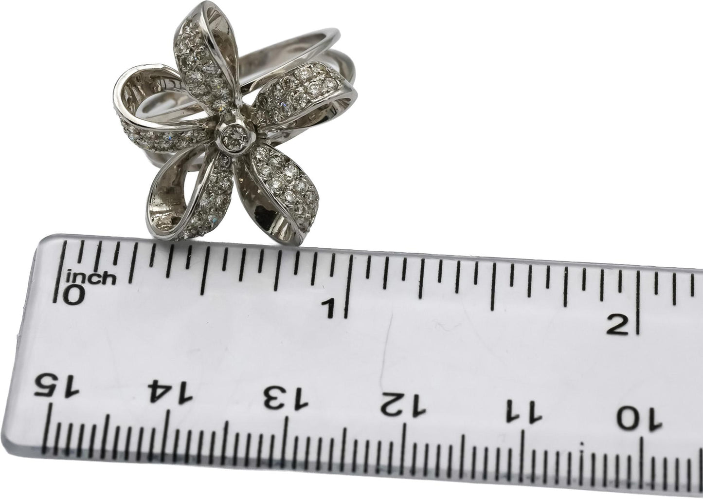 18k White Gold Round Diamond Ribbon Flower Ring 0.65CT Size 7.5