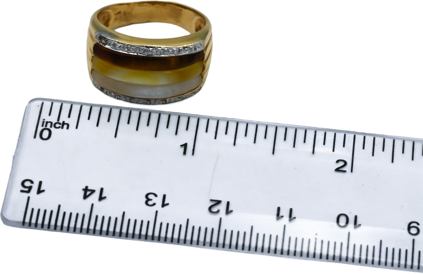 14k Yellow Gold Multi Color Mother of Pearl and Diamond Band Ring Size 7.5