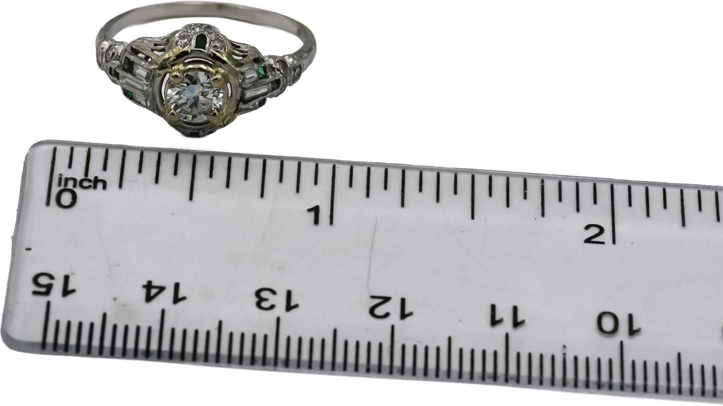 Vintage Antique Deco Platinum Diamond & Emerald Ring 1.0CT w/ 0.55CT Center