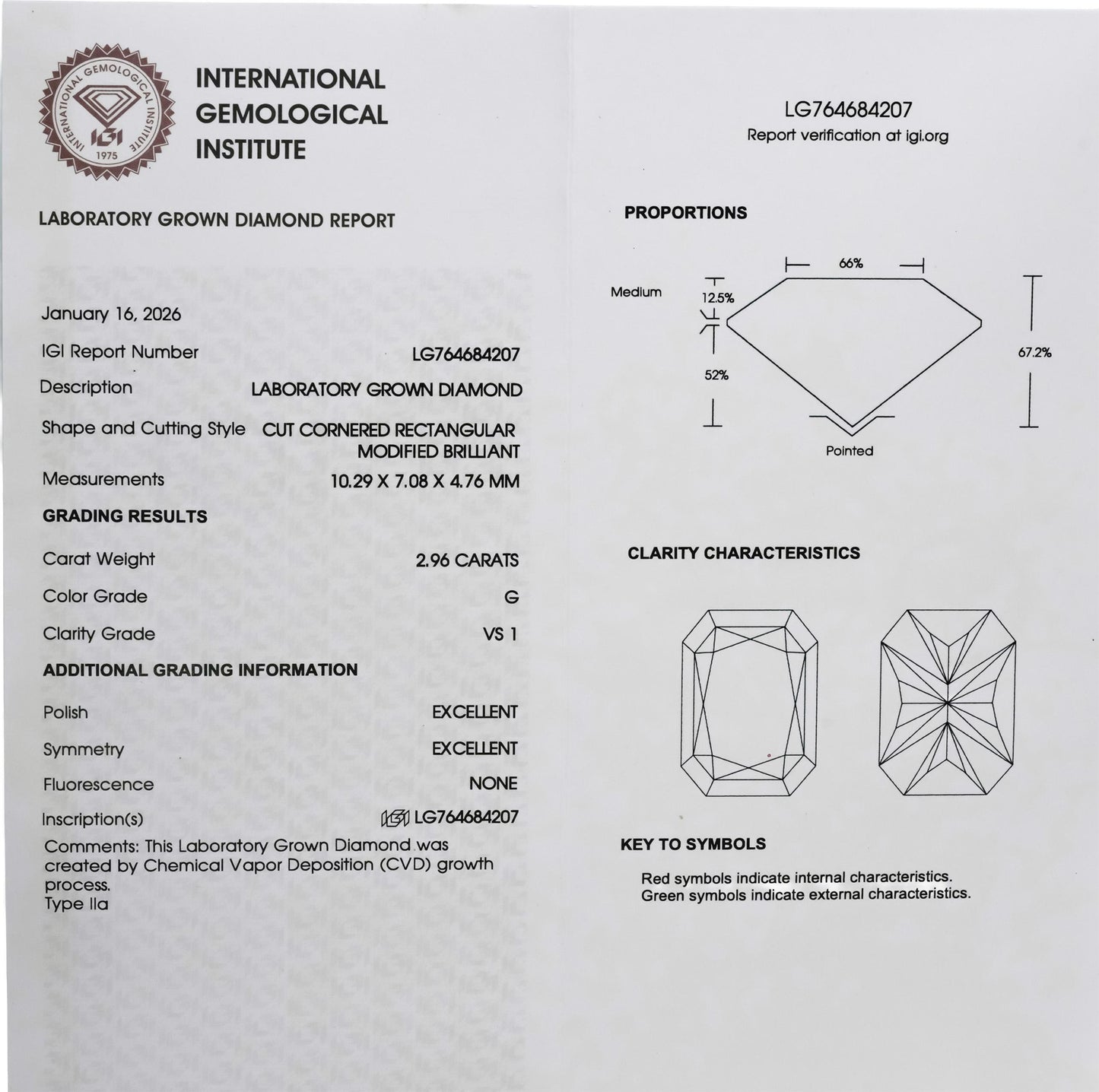 IGI 14k Yellow Gold VS1/G Radiant Lab-Grown Diamond Ring 2.96CT Size 5.75