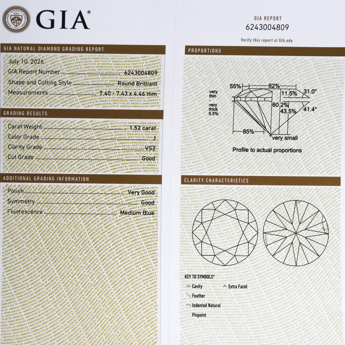 GIA Certified VS2/J Round Cut Natural Diamond Loose Stone 1.52CT