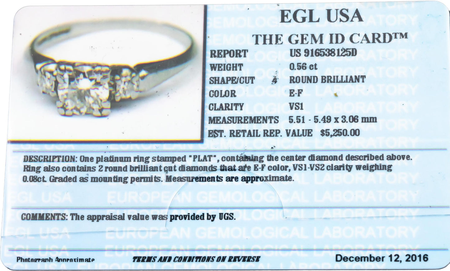 Vintage Platinum 0.64CT VS Diamond 3-Stone Ring w/ 0.56CT Center EGL CERT $5250