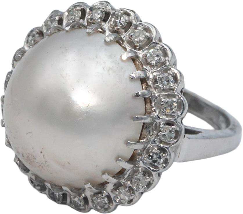 Vintage Antique 14k White Gold 0.30CT Diamond and 16.7mm Mabe Pearl Ring Size 7