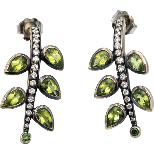 14k White Gold Black Rhodium 2.70CT VS Diamond and Peridot Floral Drop Earrings