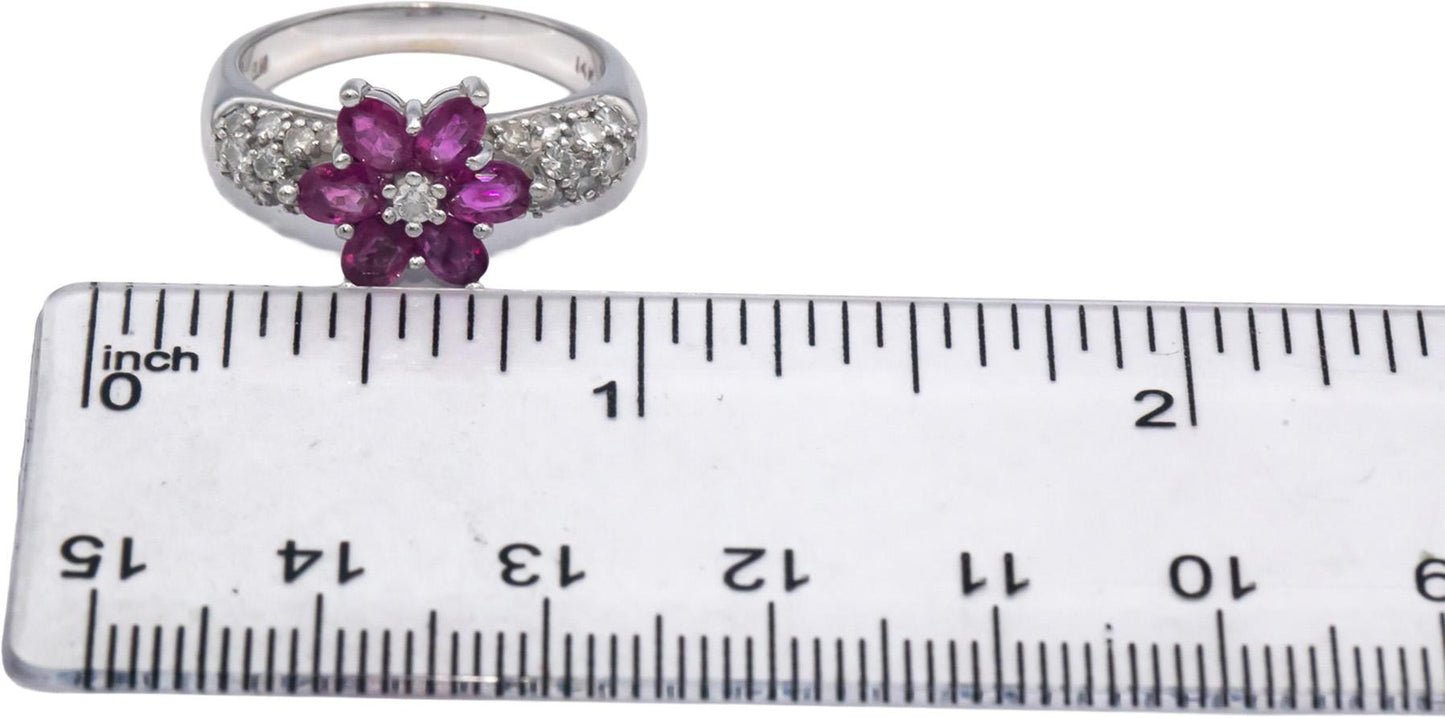 14k White Gold Round Diamond and Oval Cut Ruby Flower Ring 1.95CT Size 6.75