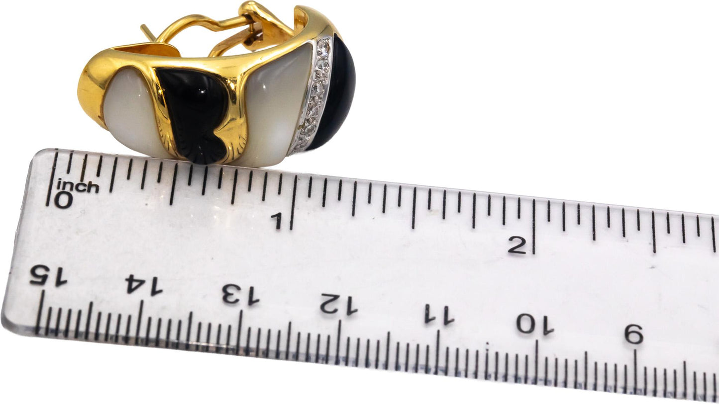 ASCH GROSSBARDT 18k Yellow Gold Diamond Onyx Mother Of Pearl Earrings 0.25CT