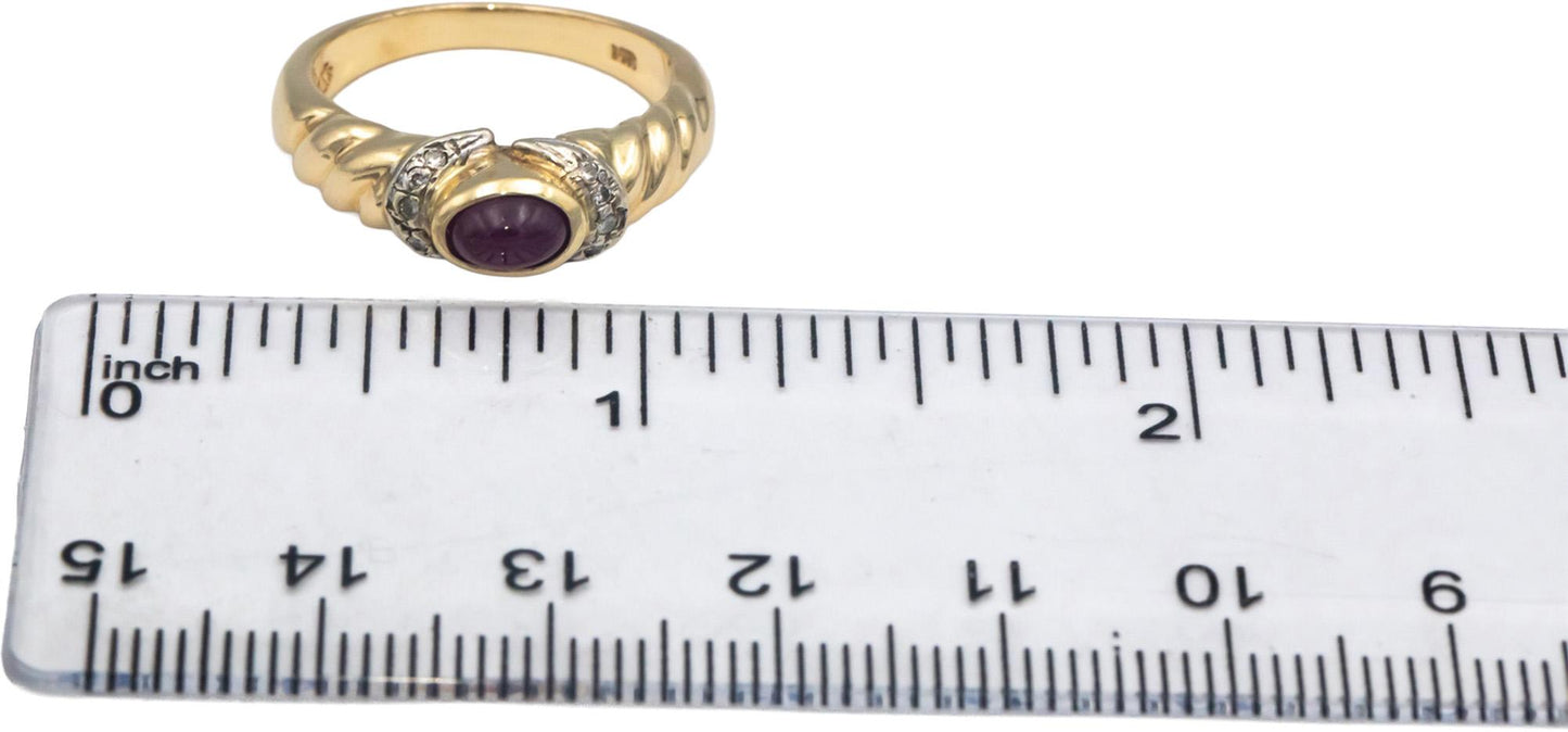 14k Yellow Gold Round Diamond Cabochon Ruby Ring 0.56CT Size 6.75
