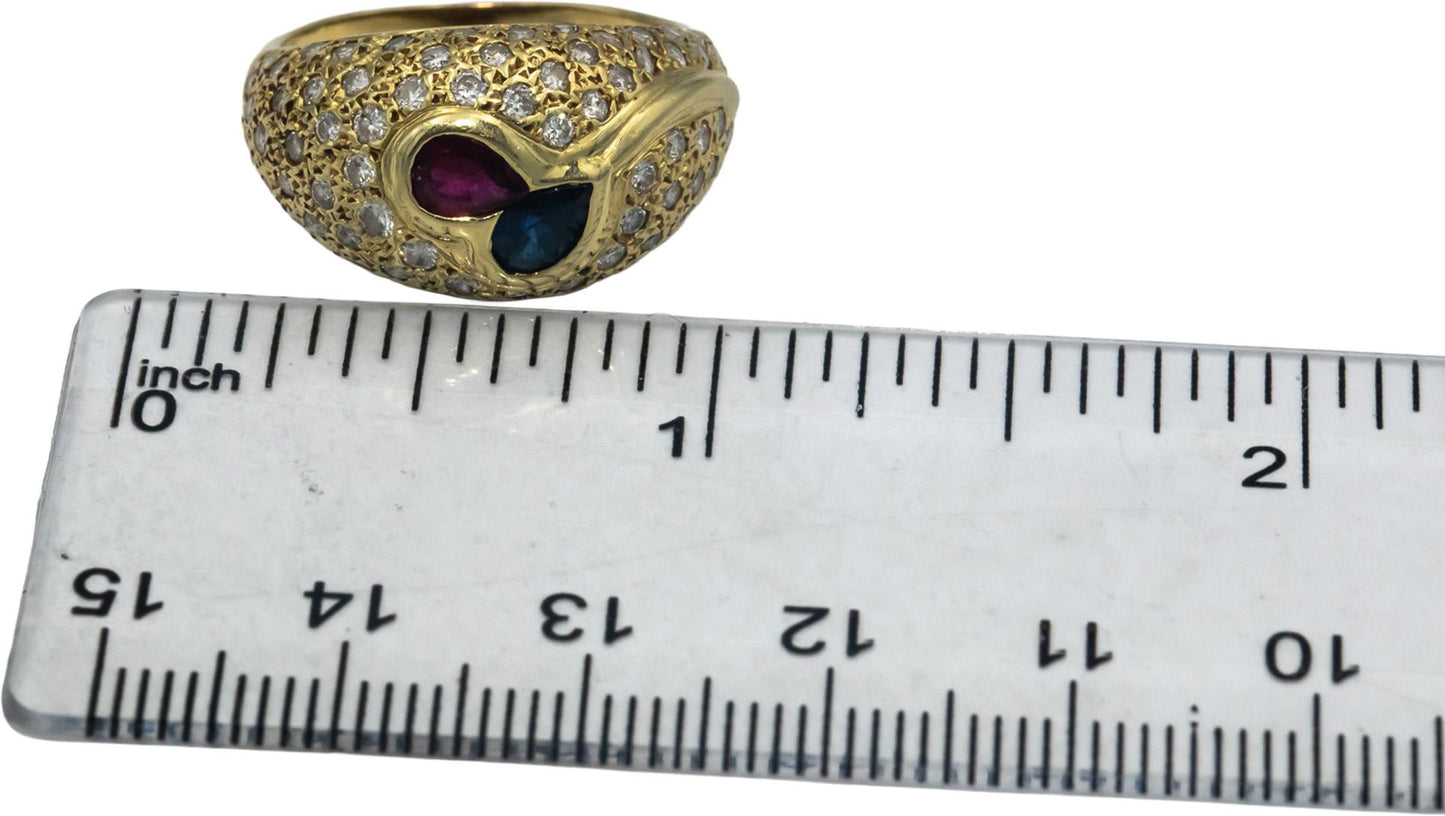 14k Yellow Gold Diamond Ruby Sapphire Cluster Dome Ring 2.10CT Size 6.75