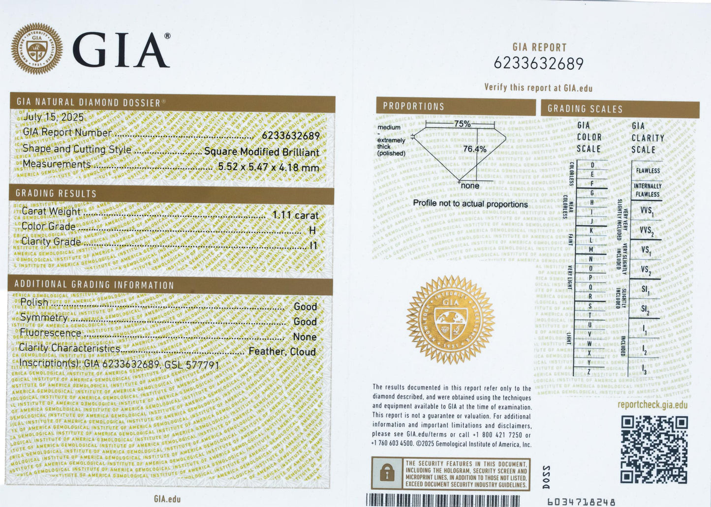 GIA Certified 1.11CT I1/H Princess Cut Loose Diamond w/ Report