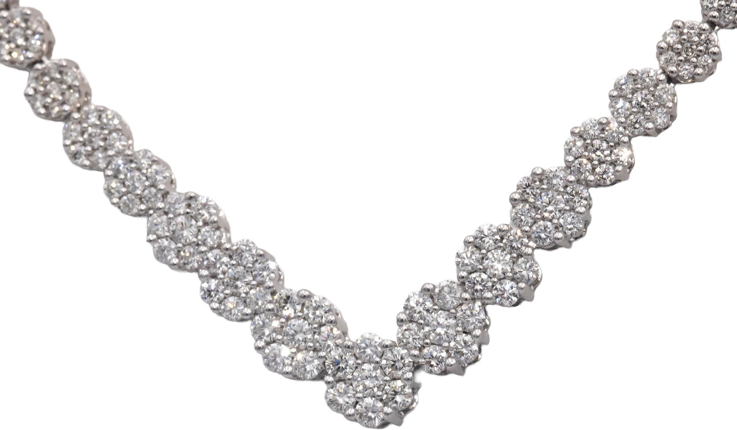 Diamond 14k White Gold Round Cut Cluster V-Shaped Formal Necklace 3.0CT