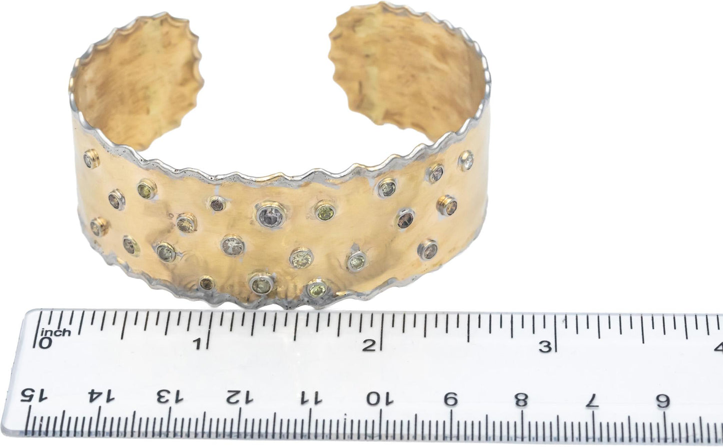 14k Yellow & White Gold Multi-Color Diamond Hammered Cuff Bangle Bracelet 1.35CT