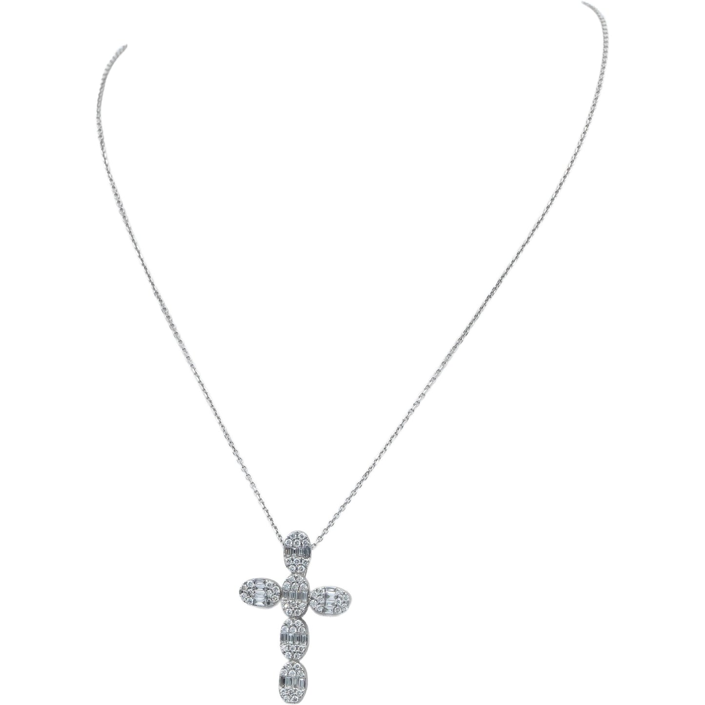 18k White Gold 1.0CT VS Baguette & Round Diamond Cross Crucifix Pendant Necklace