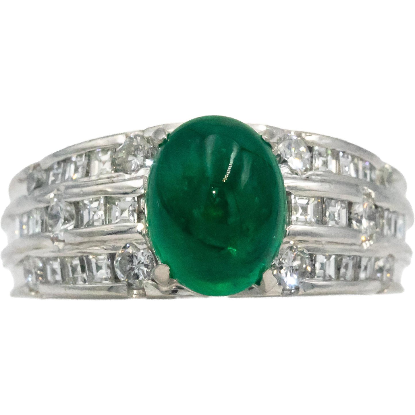 Platinum Cabochon Emerald Round & Carre Cut Diamond Ring 3.32CT Size 6