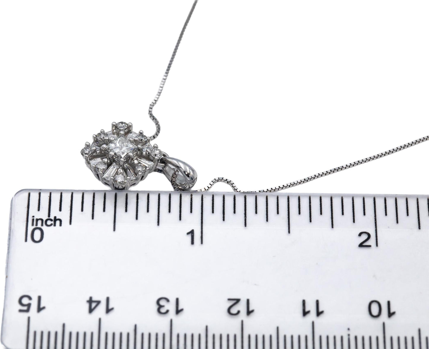 10k White Gold Round Baguette Princess Diamond Cluster Pendant Necklace 0.75CT