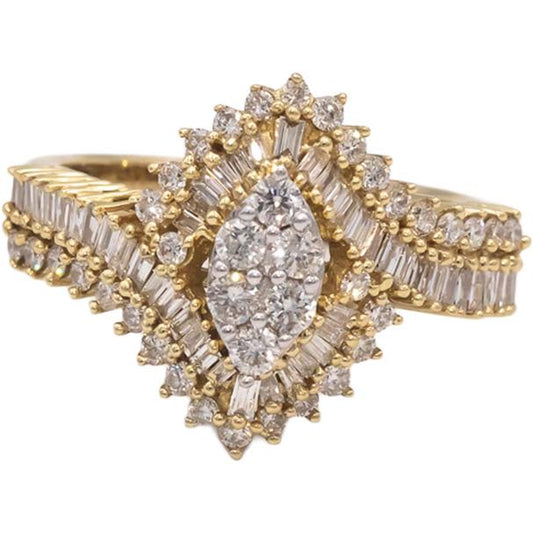 10k Yellow Gold Round & Baguette Cut Diamond Marquise Shaped Ring 1.0CT Size 7